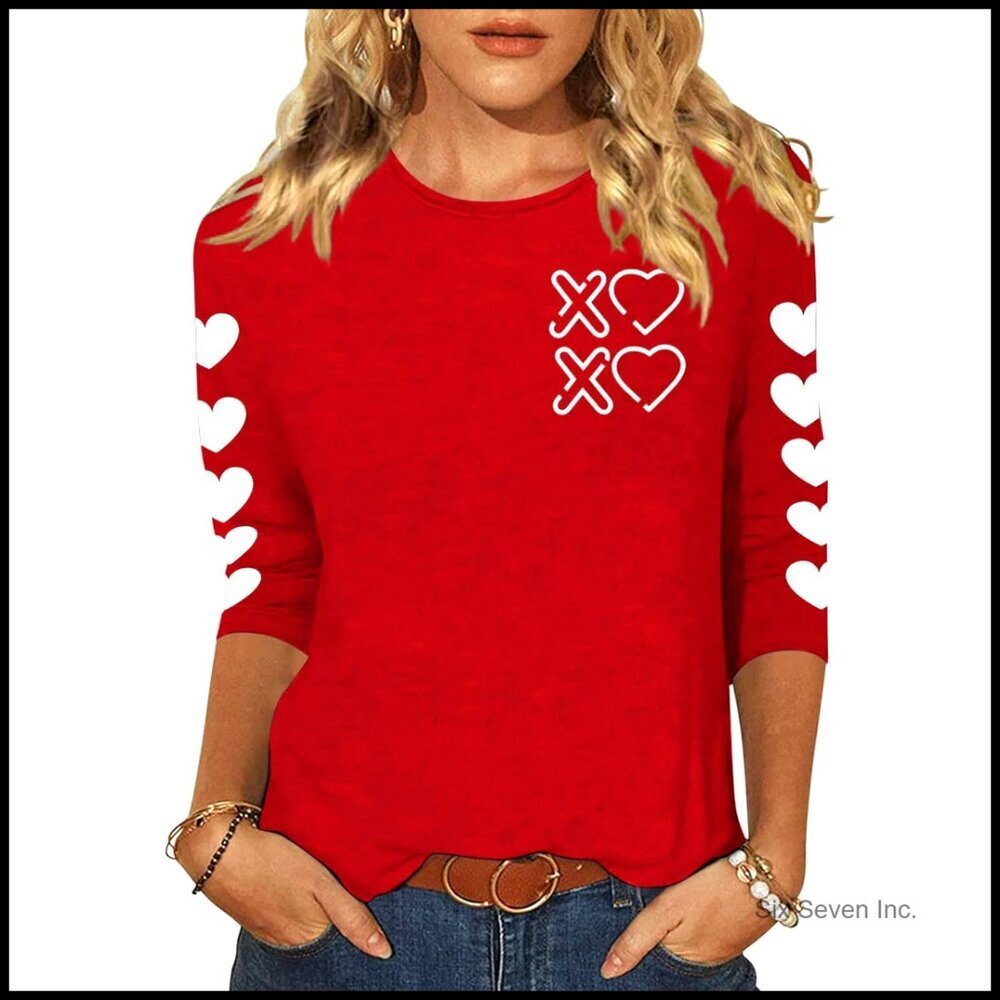 Funny Love Heart Graphic Tee 3/4 Sleeve Round Neck Casual Couple Top